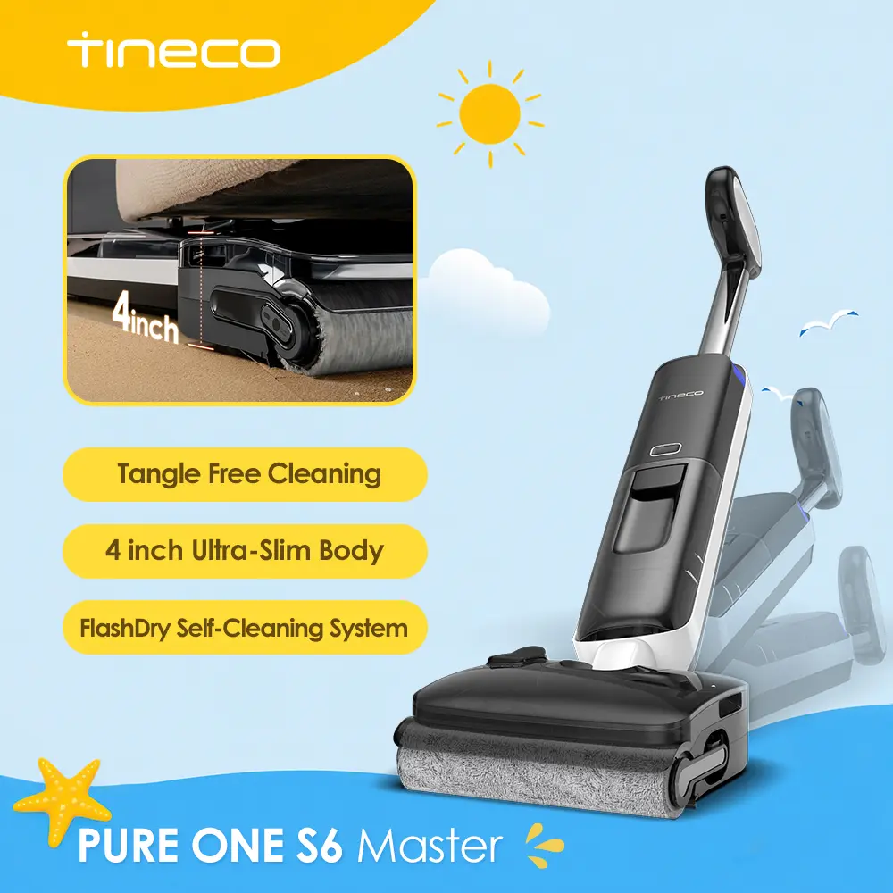 TINECO Floor One S6 Master Cordless Wet Dry Vacuum Cleaner, 20kPa Suction Vacuum Mop with Dual-Edge Cleaning, 45 Min Quiet Mode Runtime, 185°F Flashdry, 4-Inch Ultra-Slim Design, Cordless Vacuum summerwins