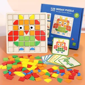 120 Piece Wooden Mosaic Puzzle Set, Multi-Color Multi-Shapes 3D Desktop Game, Kids Interactive Wood Puzzles, Montessori Puzzles Gift, Perfect Gift for Birthday Christmas Halloween New Year