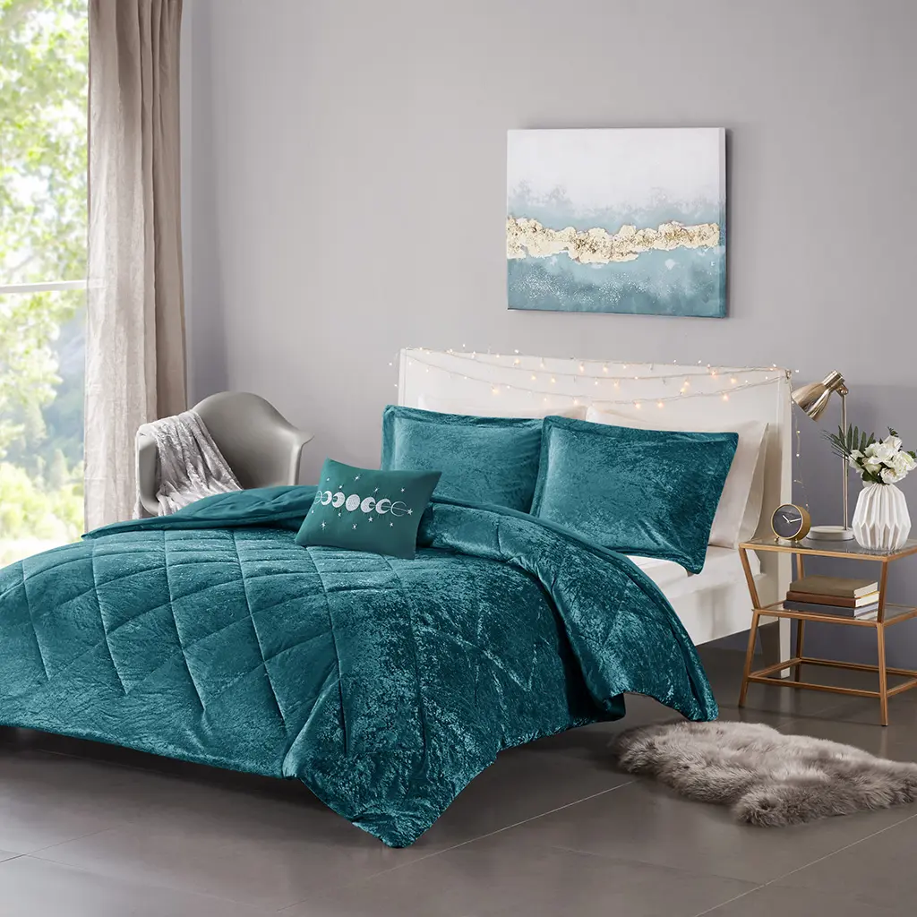 Elowen Duvet Cover Set, Velvet Duvet Set, Luxury Diamond Quilting Teal Duvet Cover, Fluffy Duvet Cover with Decorative Pillow and 2 Shams, 4 Pieces, Full/Queen, King/Cal King