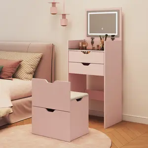 3-in-1 Multifunctional Dressing Table Set with Stool, Flip‑Up Mirror with 3‑Color Lighting, 2 Drawers and Hidden Storage, for Bedroom, Pink/White