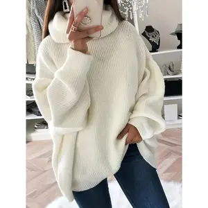 Plus Size Solid Color Turtleneck Knitted Sweater, Autumn Winter Casual Long Sleeve Sweater, Women's Plus Size Clothing Womenswear Hoodie