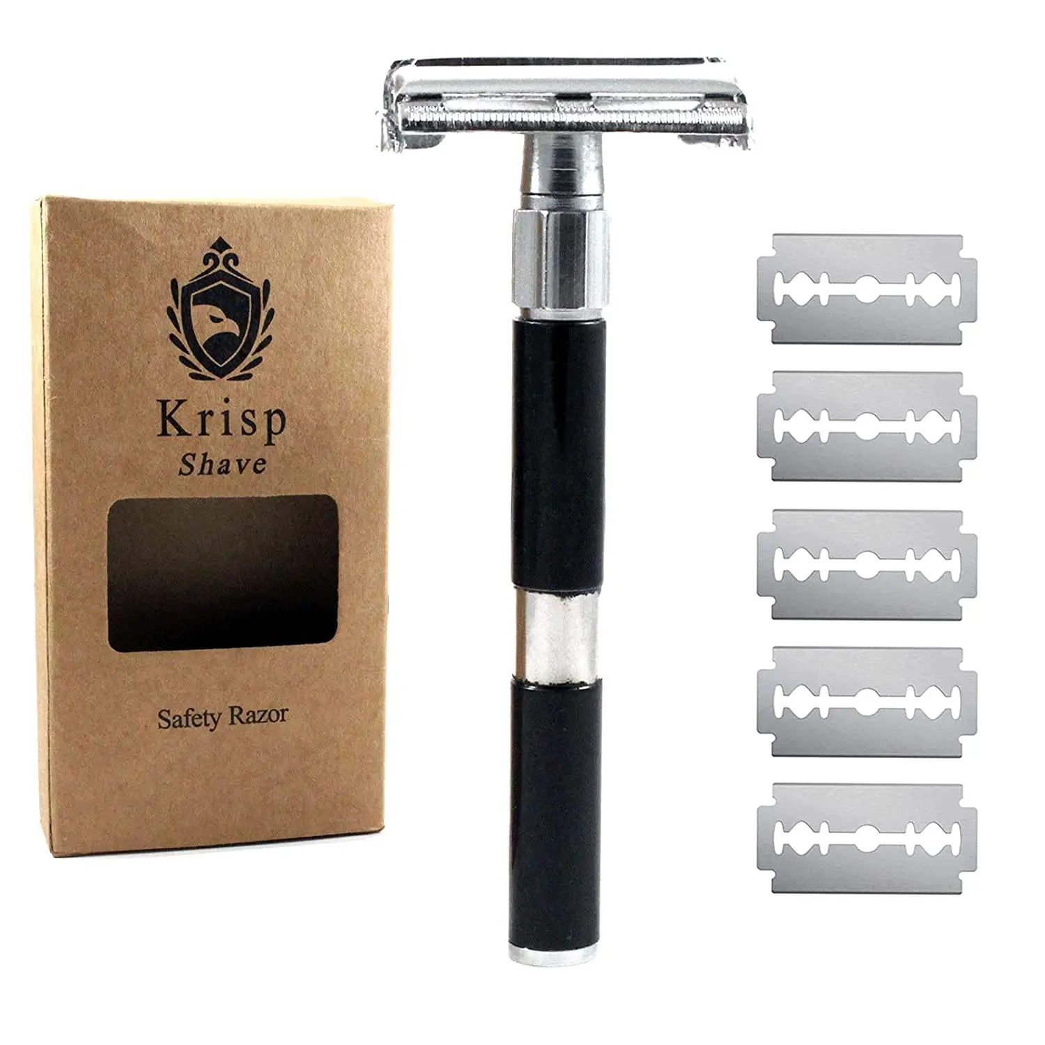 Krisp Beauty 4" Long Handled Double Edge Safety Razor, Butterfly Open Men Women Shaving Razor with 5 Double Edge Razor Shaving Blades Provides Bump Free Wet Shave Comfort Black