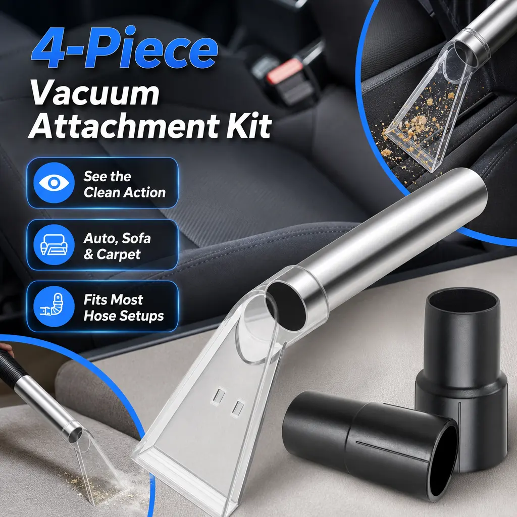 Multi-Use Vacuum Attachment Kit, 4-Piece Plastic Tools with 2 Hose Sleeves and Viewing Head for Automotive Detailing and Cleaning Cars, Automotive Detailing Product