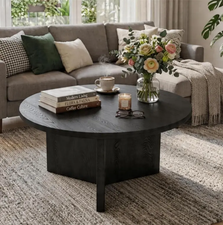 Modern Minimalist Black Wood Round Coffee Table - 27.6in Diameter, Scratch-Resistant Family Friendly Accent Piece for Living Room Tables, House & Apartment Decor, Small Spaces