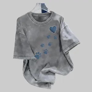 230G Women's Retro and Old Washed High-quality Printed T-shirt, Love Paw Print Splicing Printing, Pet Lovers Gentle Wind Versatile Loose Top, the Same Style for Men and Women, Simple Fashion Trend Versatile, Holiday Clothing