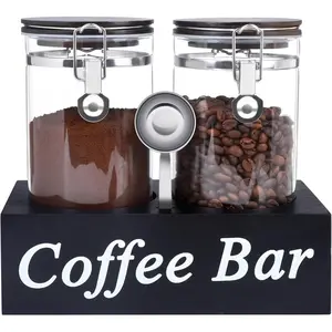2 count Glass Coffee Containers with Shelf 54 oz Coffee Station Organizer Glass Bean Storage with Spoon Canister Set Jars with Airtight Locking Clamp for Bean Sugar Nuts