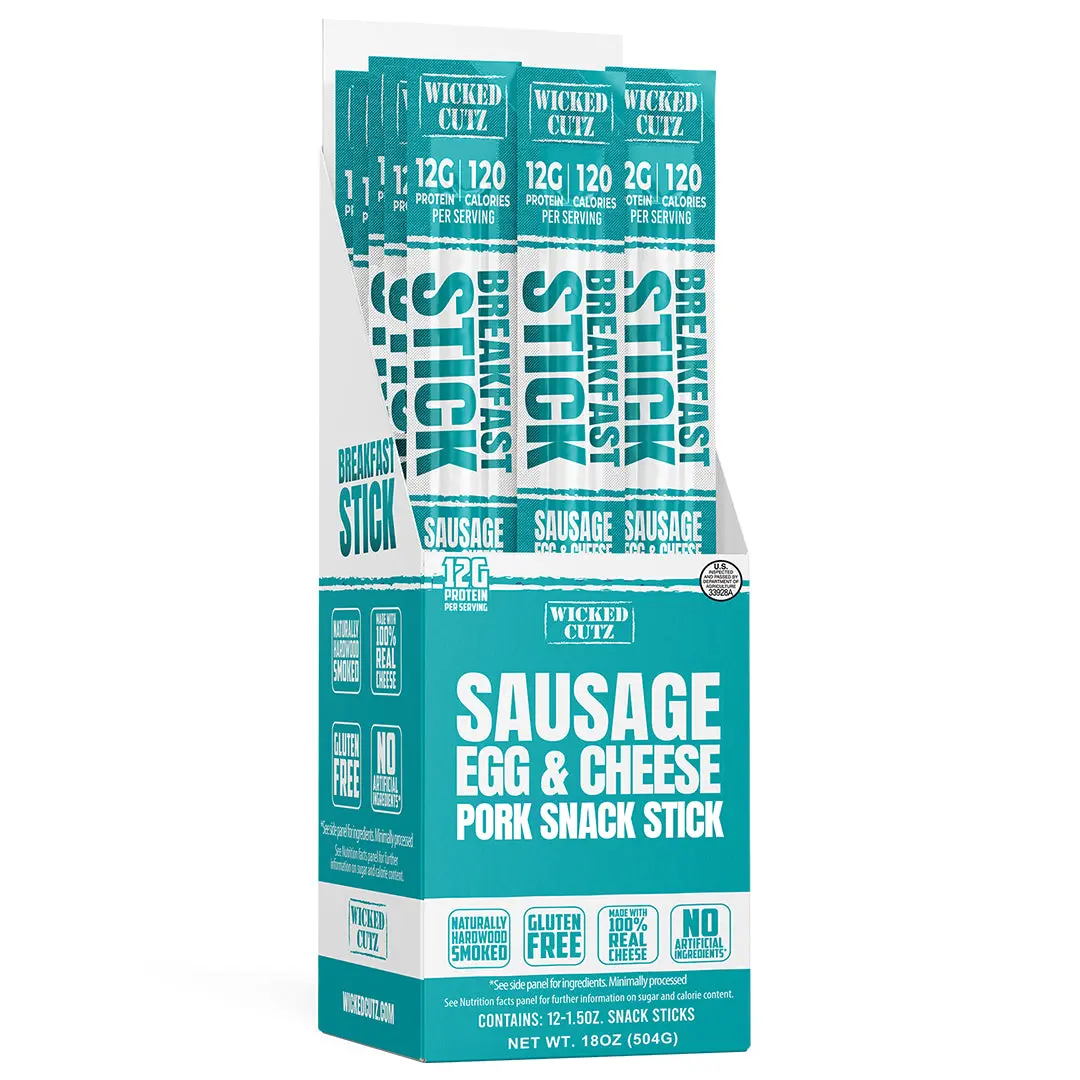 Wicked Cutz Sausage Egg & Cheese Breakfast Snack Sticks - High Protein, Gluten Free, No Artificial Ingredients, Hardwood Smoked