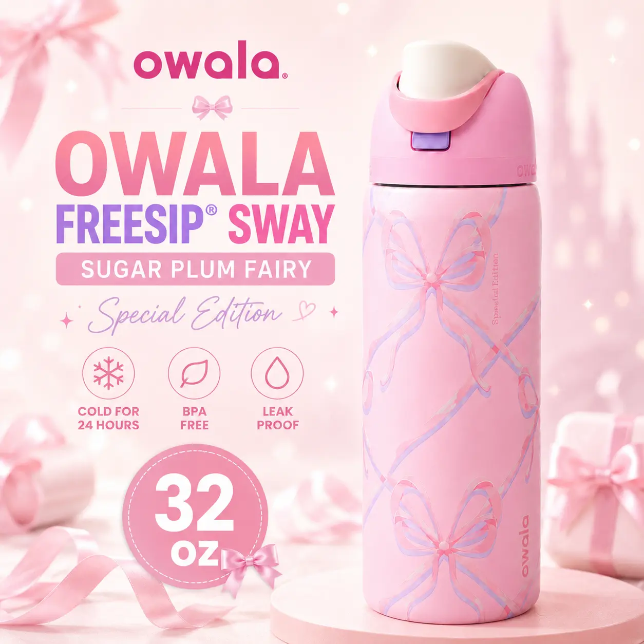 Owala FreeSip Sugar Plum Fairy 32 oz Water Bottle – Pastel Pink Bow Print Insulated Stainless Steel Bottle with Built-In Straw