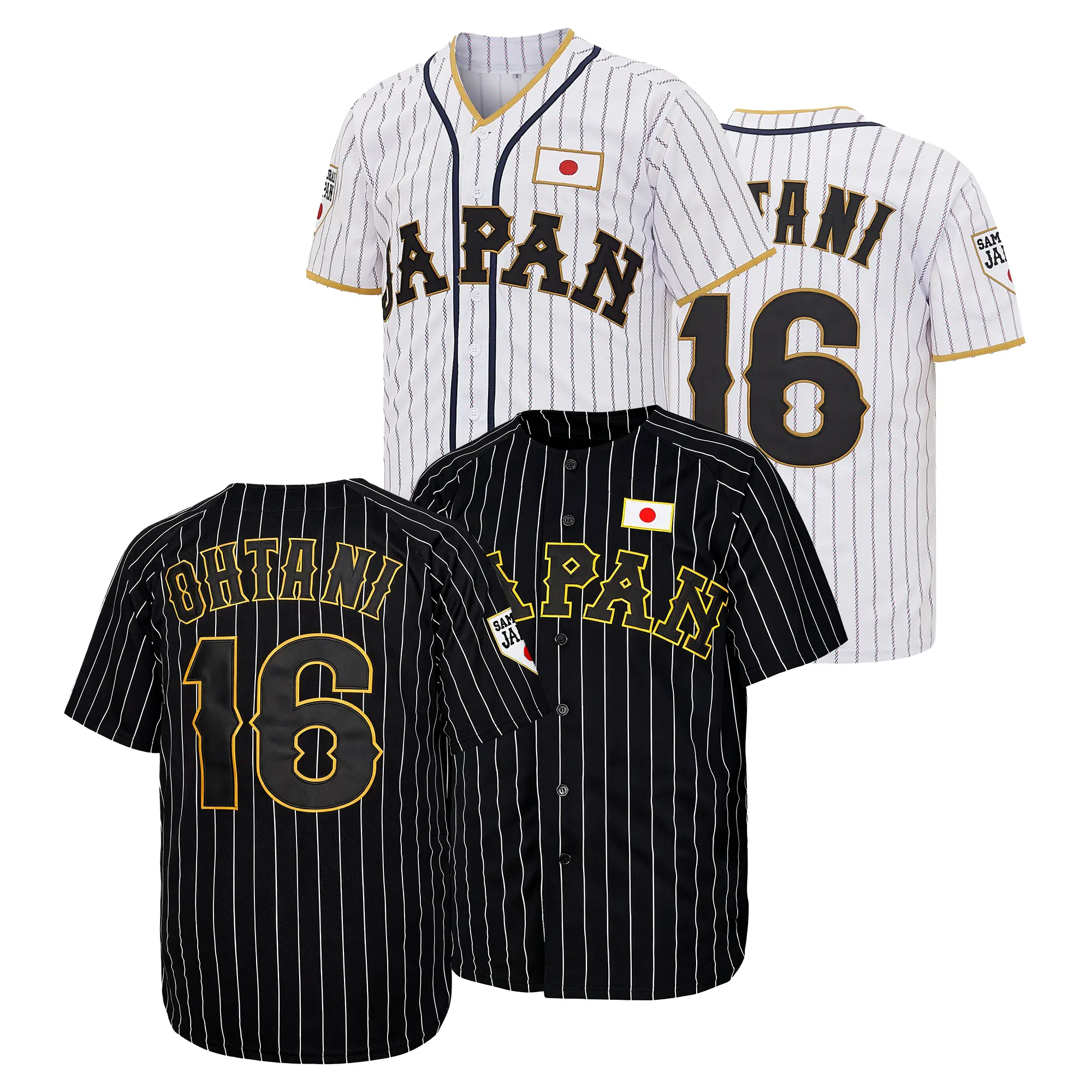 Men’s #16 Japan Samurai Short-Sleeve Polyester Baseball Jersey - Embroidered Letters, White/Black Stripes, Casual Embroidered Jerseys for Competition Training, Sportswear Clothing, Fan Gift