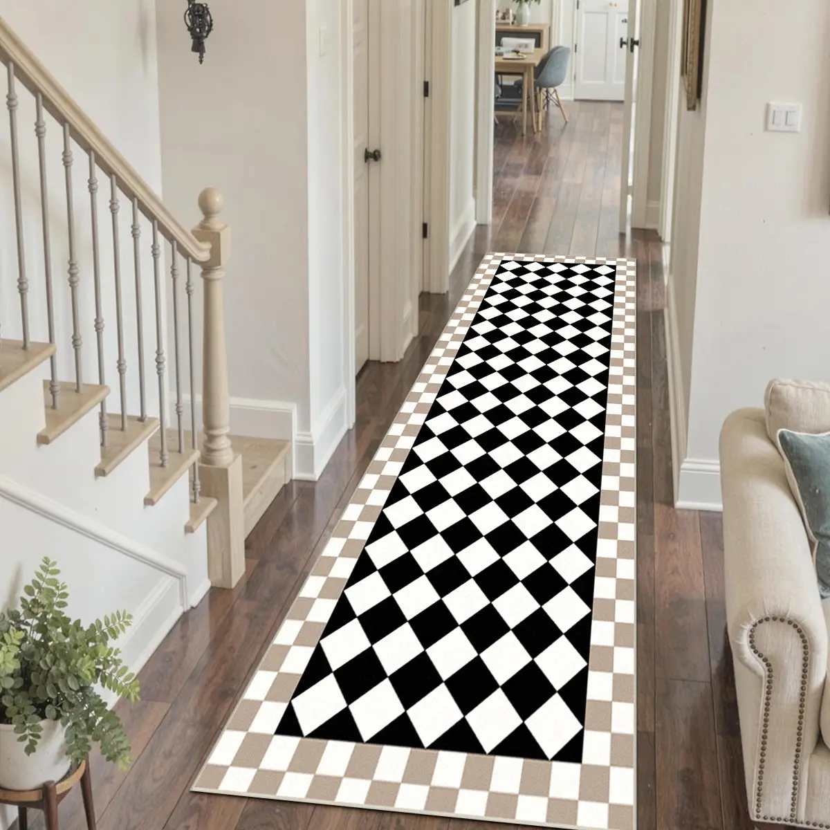 Runner rug, Modern runner rug, Corridor rug, Checkered Area Rug, Indoor Rug, Decorative rug, floor mat, non-slip hallway rug, washable Runner Rug, Machine Washable Rug, suitable for kitchen, living room