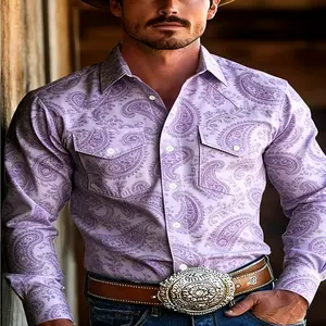Men's Vintage Paisley Print Western Shirt, Casual Long Sleeve Button-Up with Double Pockets and Slight Stretch Fabric