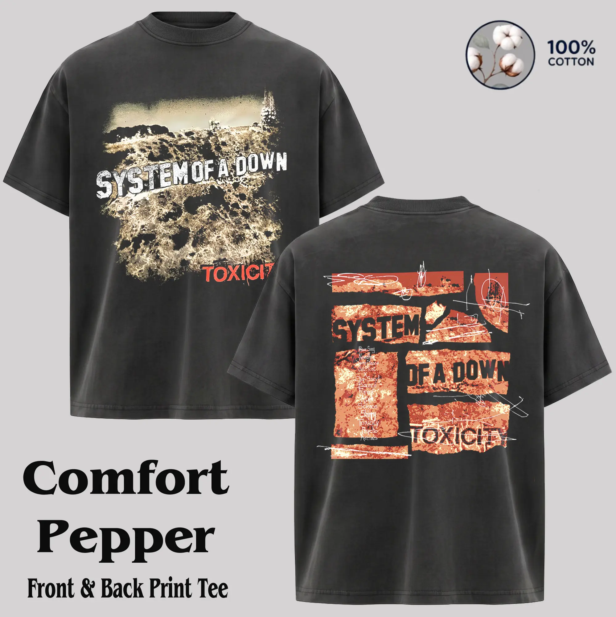 Men's Classic Vintage System of a Down Toxicity Bootleg Graphic T-Shirt, Rock Tour Alternative Band Merch Tee, 90s Grunge Aesthetic Foldable Cotton Retro Round Neck Short-Sleeve Streetwear (for Chinese New Year, Children's Day)