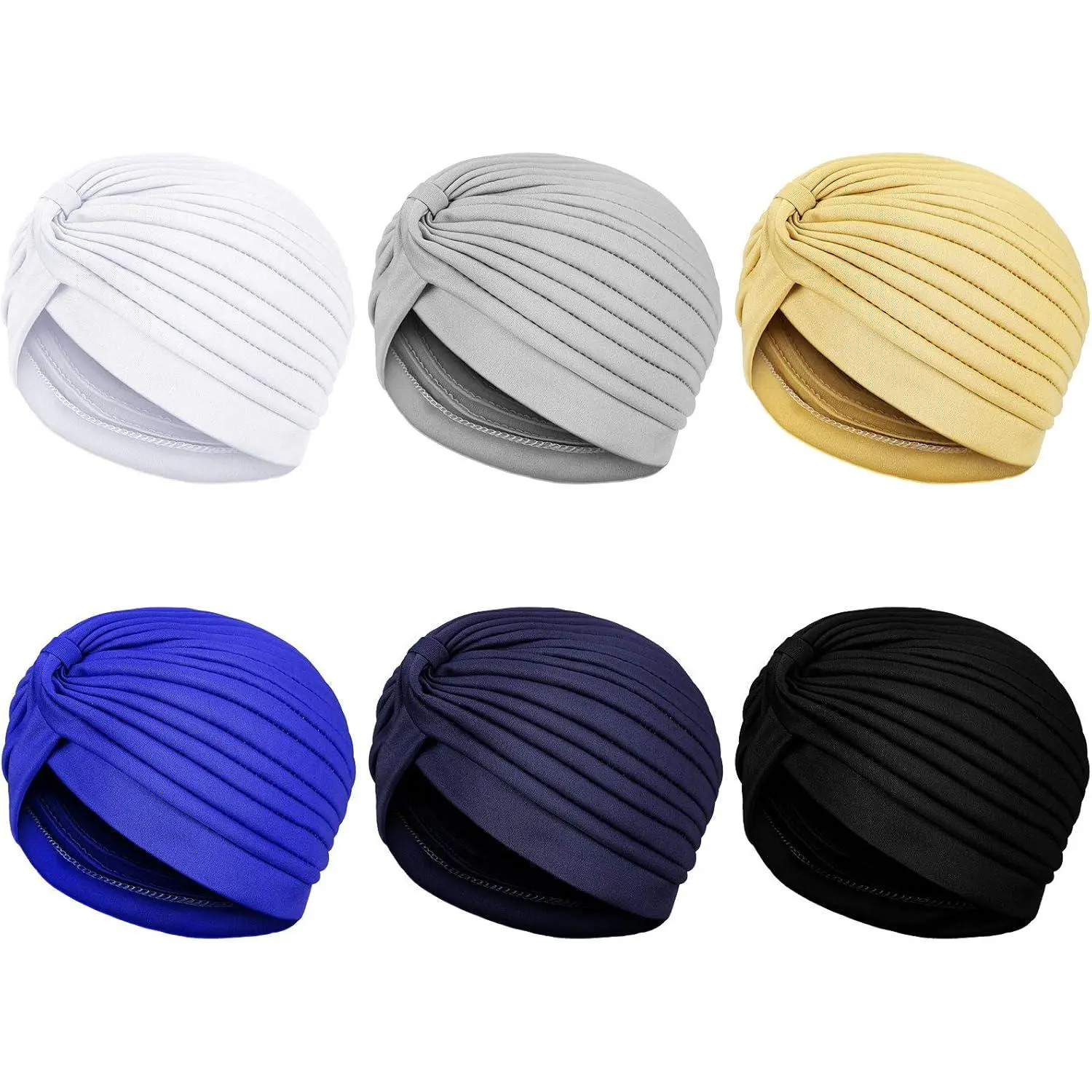 Turbans for Women Stretch Slouchy Head Beanie Cover Pre-Tied Knot Twisted Pleated Headwrap, Assorted Colors (Khaki, Black, White, Dark Blue, Light Gray, Navy)