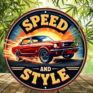 1pc Vintage Round Aluminum Sign - Retro Muscle Car Design with "SPEED AND STYLE" Text, Durable Wall Decor for Home, Garage, Porch, or Outdoor Spaces, 8x8 Inches, Victorian Style Artwork, Metal Wall Art Decor