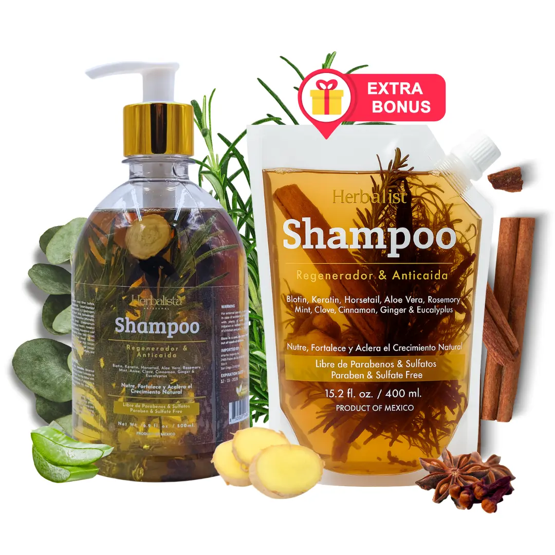 [2 Pack Viral Bundle] Herbalista Herbal Shampoo 500ml (16.9 fl oz) + Travel Size Pouch 400ml - With Real Pieces of Rosemary, Cinnamon, Anise, Clove, Aloe, Ginger, & Eucalyptus - Fortalece, Regenera, Acelera Crecimiento – 100% Natural & Handcrafted, Hairca