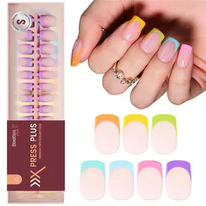 Beetles Press On Nails Short Square French Tip Soft Gel Rainbow Fake Nails DIY Kit for Women
