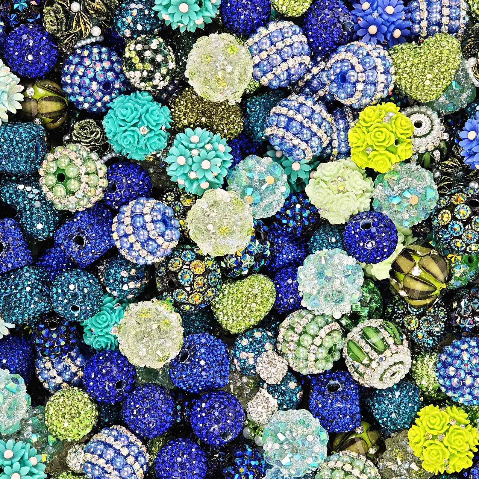 10Pcs Blue-Green Rhinestone Rose Heart Resin Large Hole Fancy Beads, Jewelry Making Supplies, Beads Making DIY Craft Accessories, Ideal for Holiday Handcraft Projects