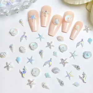 100PCS 3D Novelty Creative Ocean Series Nail Charms Gradient Tricolors Conch Shell Starfish Tail Decorations DIY Hairpin Nails Parts Nail Accessories