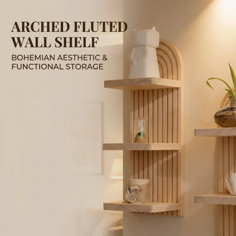 Arched Fluted Wooden Wall Shelf, Bohemian 3-Tier Floating Storage Rack, Three Tier Design, Natural Wood Decorative Wall Organizer for Living Room, Bedroom and Kids Room, Arch Shaped Racks, Wall Mounted Organizer