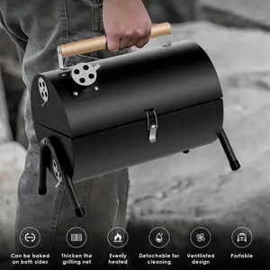 Compact Portable Charcoal Grill Barrel - Dual-Sided Foldable Design, Ideal for Outdoor Cooking & Camping, Black Stainless Steel Smoker with Wooden Handles, Perfect for Grilling Shrimp, Meat & Vegetables, Outdoor Cooking Grill | Barrelshaped Grill | Easy