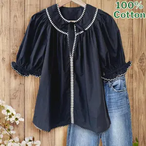 SageVell 100% Cotton Navy Blue Embroidered Blouse with Round Collar & Ruffled Sleeve Tops, Womenswear Casual Style Shirt Fabric Medium Shortsleeve Fitted Crewneck SpringStatements