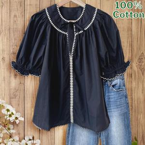 SageVell 100% Cotton Navy Blue/Pink Embroidered Blouse with Round Collar & Ruffled Sleeve Tops, Womenswear Casual Style Shirt Fabric Medium Shortsleeve Fitted Crewneck