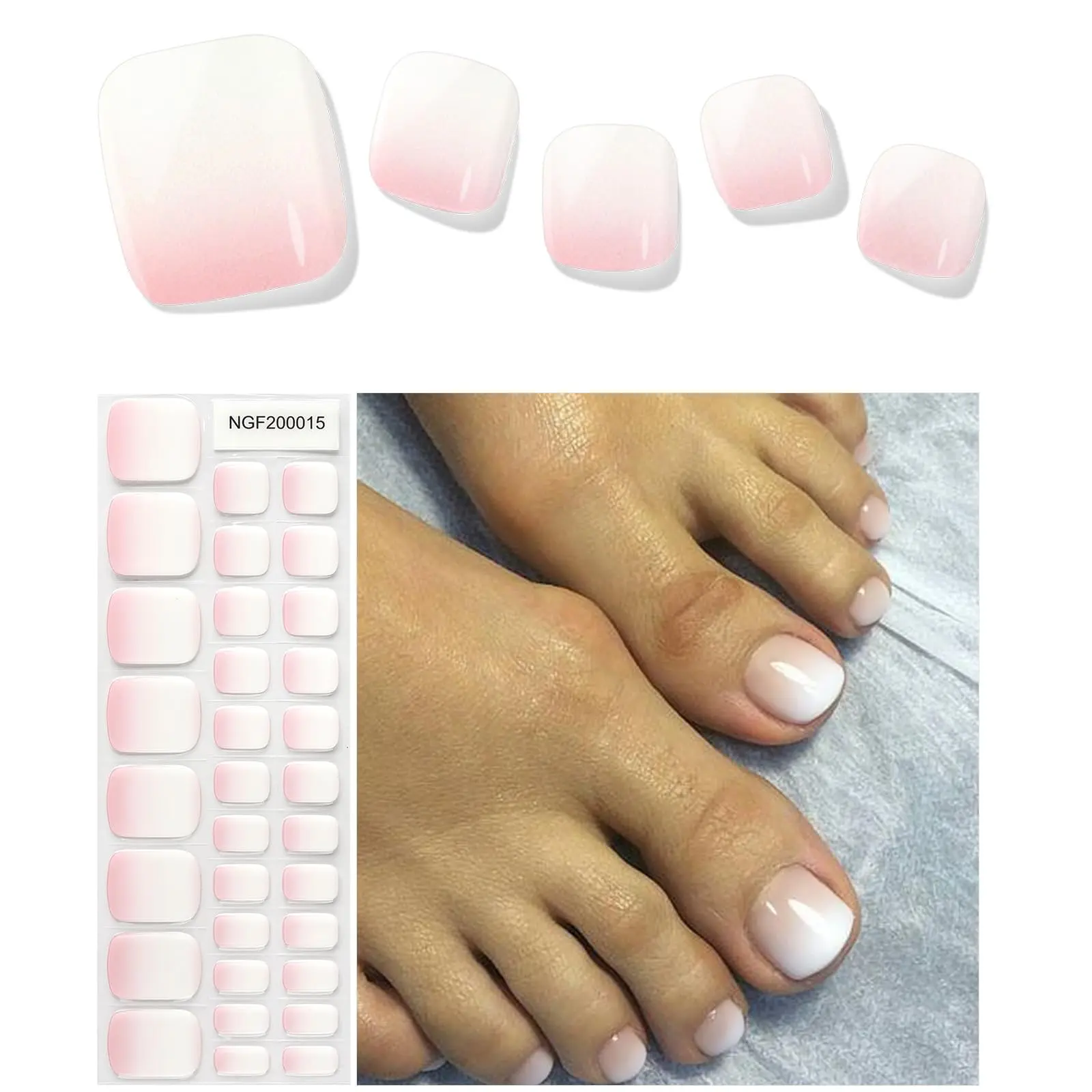 Kalolary White Gel Toenail Strips with Gel Art False Nail Tips, Pink Gradient Pedicure Stickers, Long-Lasting Salon-Quality Wraps, Includes Nail File & Wood Stick (UV/LED Lamp Required), Waterproof, 32 Pcs, Apply & Cure, Multi-Pack, Gel Nails At Home, Rea