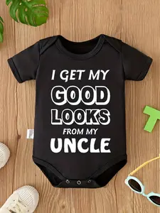 Unisex Moisture-Wick Baby Short Sleeve Bodysuit, "I Get My Good Looks From My Uncle" Letter Print, Uncle-Themed Soft Cotton Infant Onesie With Snap Closures, Newborn Outfit