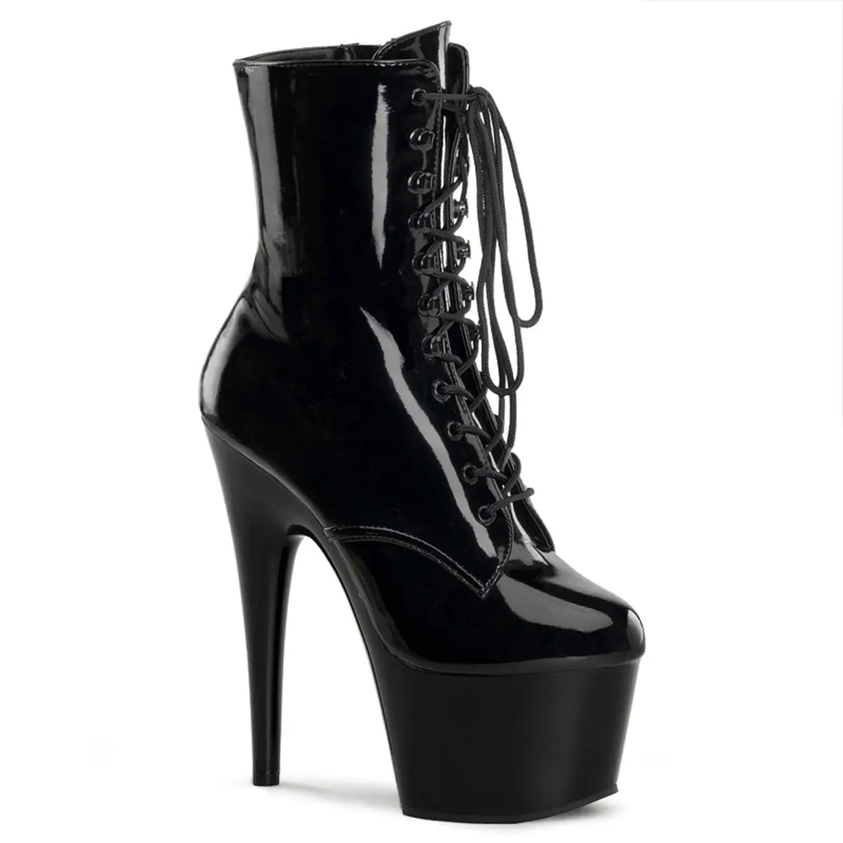 Women's Lace-Up Platform Ankle Boots in a Glossy Black Patent Finish, 7" Stiletto High Heel Vegan Synthetic Shoes for Pole Fitness, Stylish, Footwear, Customizable, Glossy Finish, 2 3/4" (7Cm) Platform, Boot, Solid, 7" (17.8Cm) Stiletto Heel