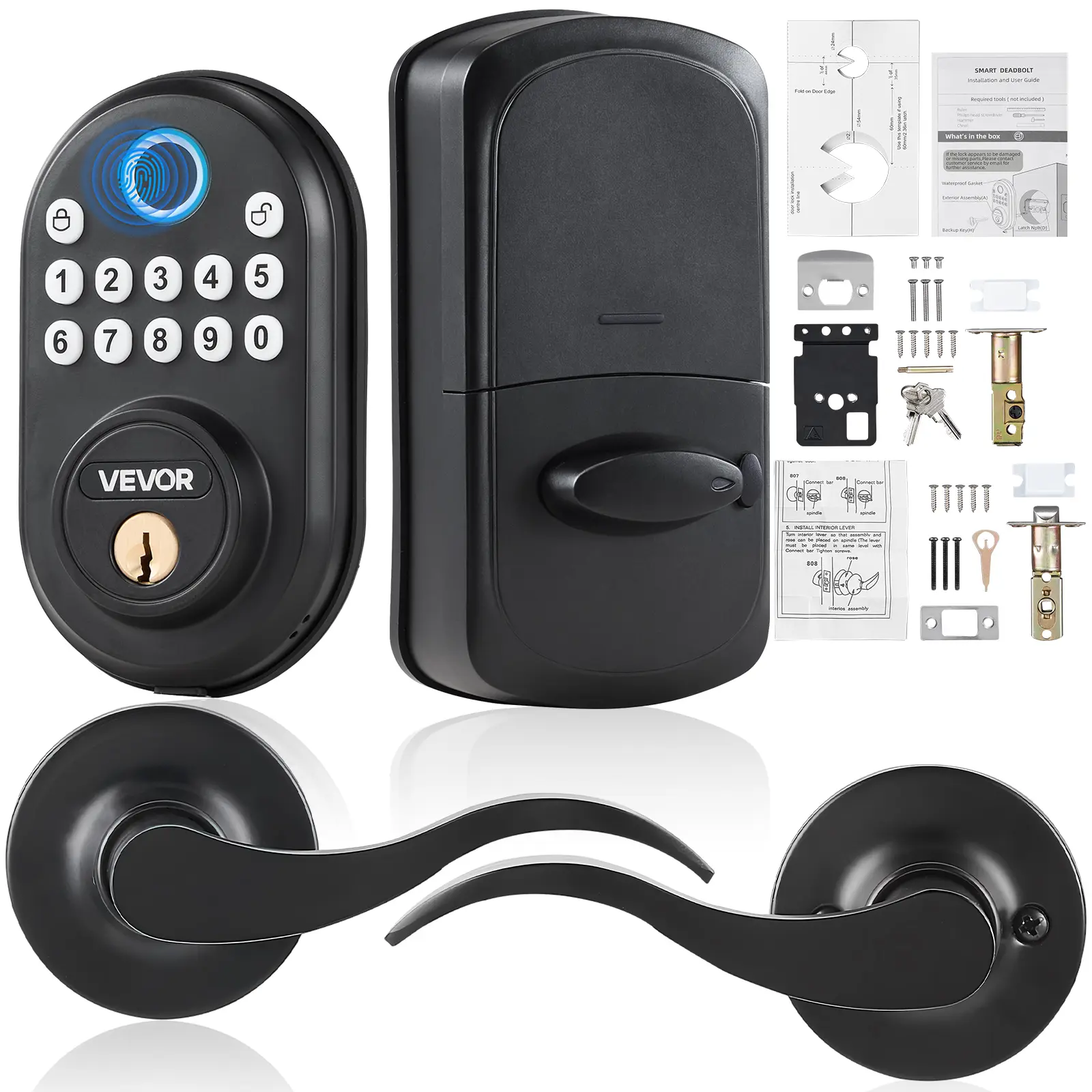 【fathersdaygift】VEVOR Fingerprint Door Lock with Level Handles,Fingerprint/Keypad Code/KeyOne-Time and Anti-Peeking PasswordConstant Unlock ModeAluminum AlloyElectronic Keypad Deadbolt for Entry Doors, Electronic Password Doorknobs, Fingerprint Lock Doork