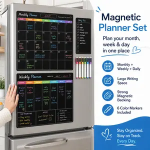Magnetic Dry Erase Board Set of 3 - Black Monthly Weekly and Daily Planners with Markers for Refrigerator or Wall Use Perfect for Home Office Family Schedule Meal Plan Chores and Daily Organization, Planner Notebook, Office Organizer,summervibes