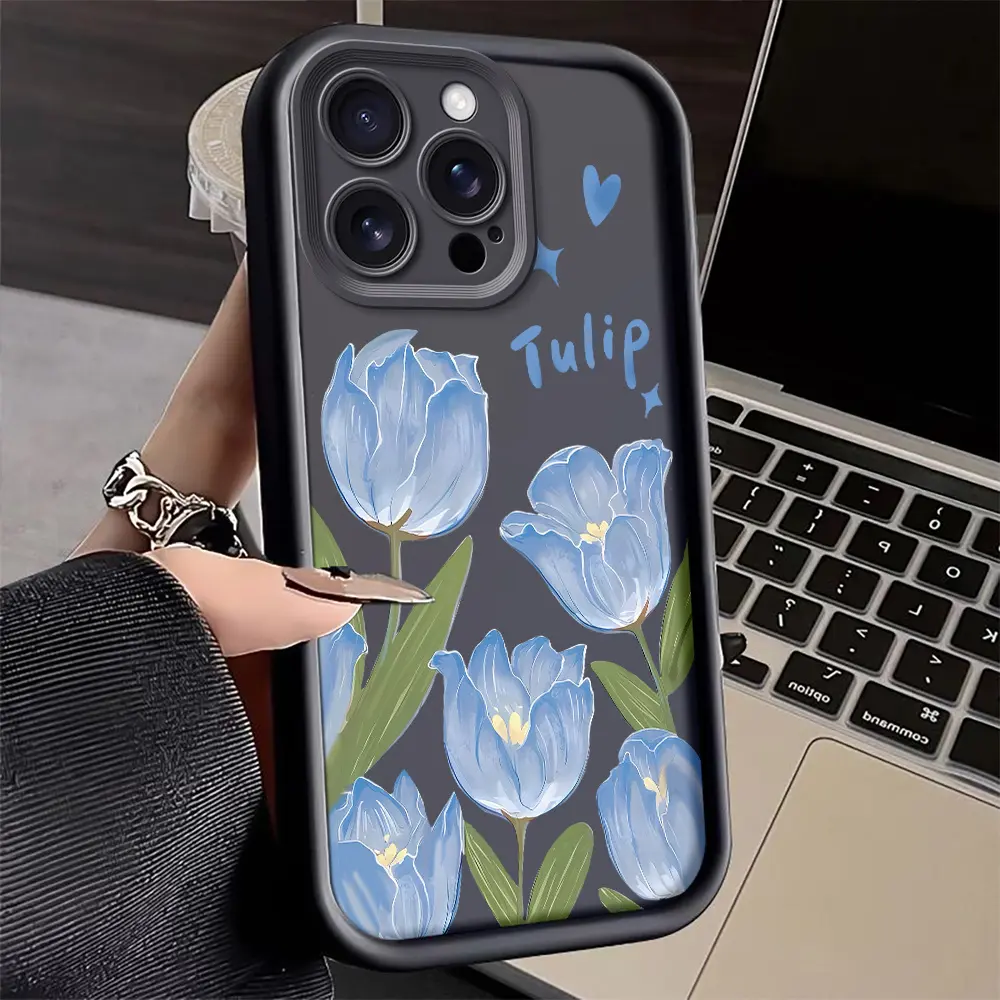 Blue Tulip Pattern TPU Silicone Smartphone Case - Shockproof, Durable, Waterproof Cellphone Protector with 2D Printing, Lens Protection for iPhone 17 Pro Max,16,16e,15,14 Plus,13,12 Mini,11,Air,X,XS - Valentine's Day Gift Phone Accessories
