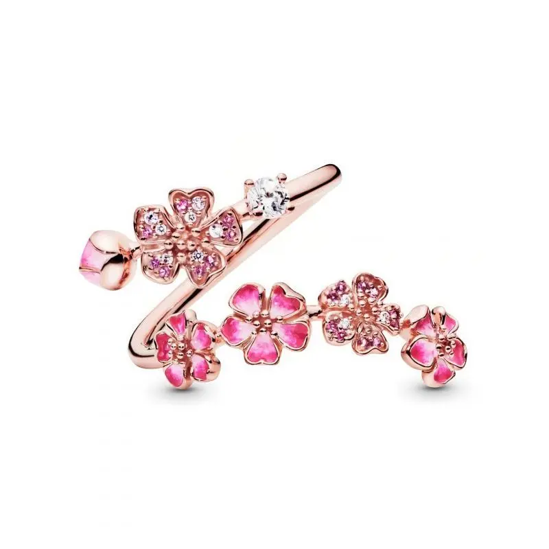 LovedenRose Gold Gradient Cherry Blossom Open Ring, Eco-Friendly Copper Inlaid Pink Cubic Zirconia Adjustable Floral Finger Jewelry Gift For Women