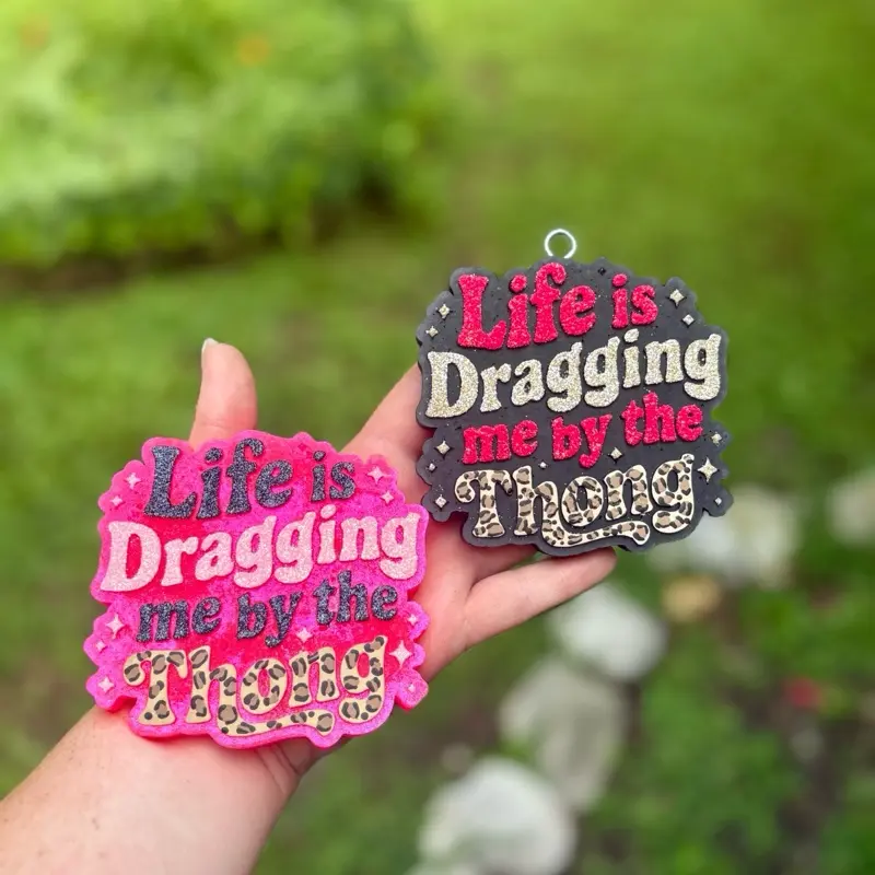 Custom Leopard Print Pink Car Air Freshener - "Life is Dragging me by the Thong" Design - Personalizable Scents for Vehicle Use