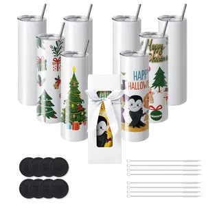 Summervibes VEVOR 8 Pack 30 Oz Sublimation Tumblers, Skinny Straight Stainless Steel Blanks Cups, Stainless Steel Double Wall Tumbler for Heat Transfer Customized Gifts with Lid and Straw, Gift Box