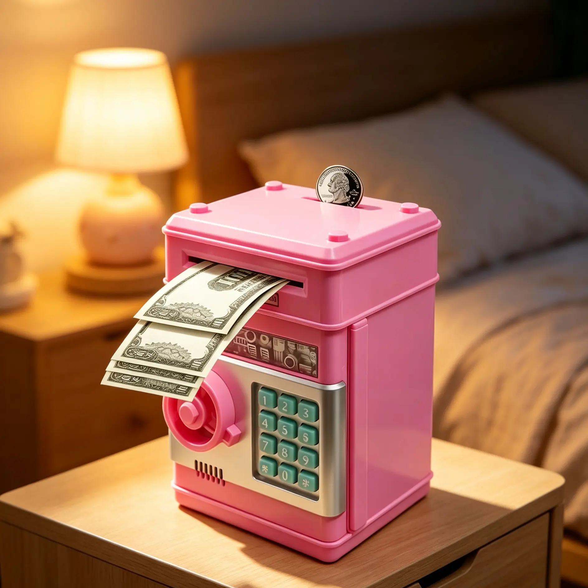 Stylish Mini Electronic ATM Piggy Bank for Children, Secure Password Lock Money Storage Box with Automatic Bill Rolling, Coin and Cash Dual Use Toy, Delicate Gift for Boys and Girls Ages 3-13 for Birthday and Christmas Holiday,christmas decoration gift