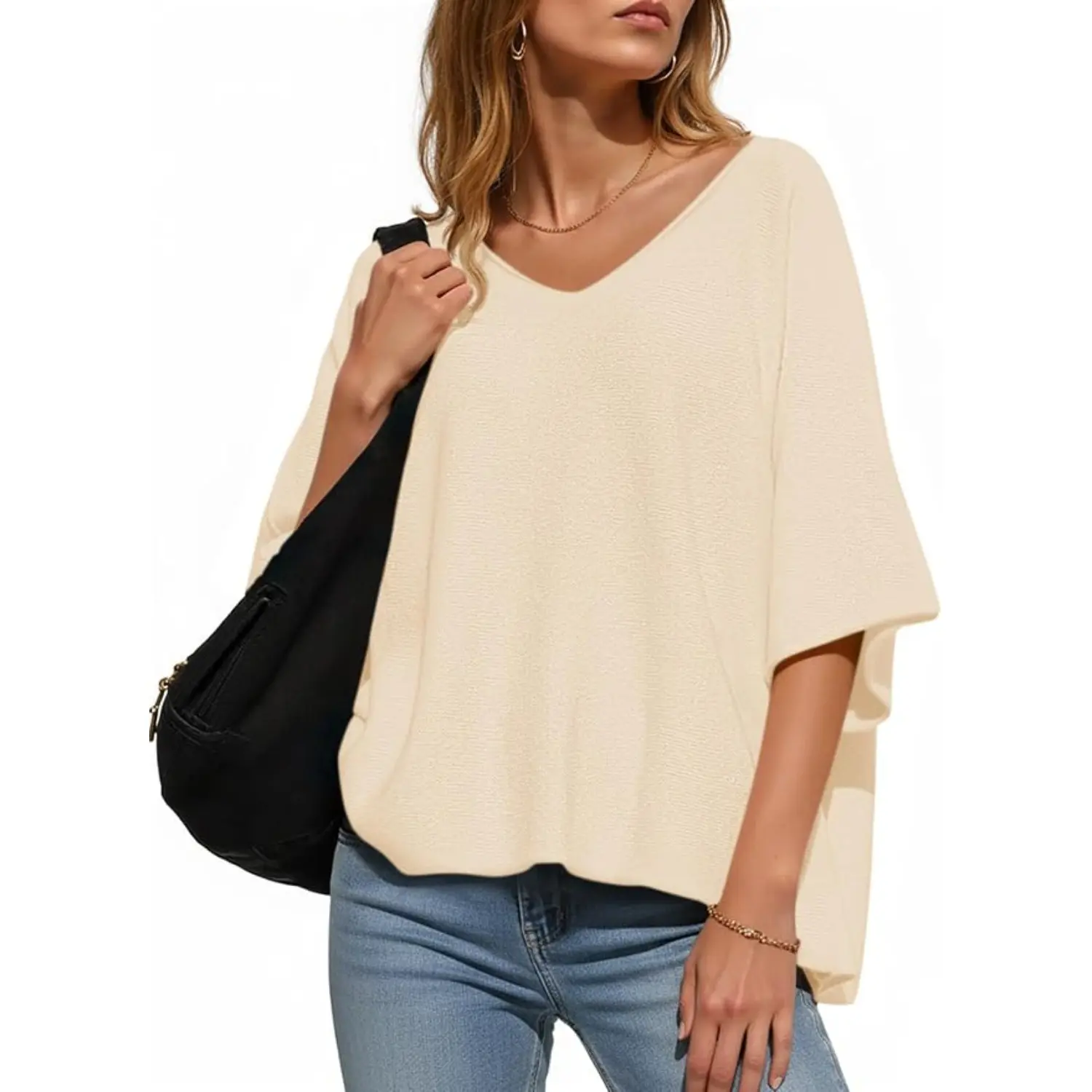 Saodimallsu Women's Minimalist Lightweight Knit Sweater, Casual Sexy V-Neck Batwing Sleeves Loose Oversized Top, Buttery Soft, Draped Silhouette, Baggy Oversized Women's Pullovers, Clean Minimalist Women's Pullovers