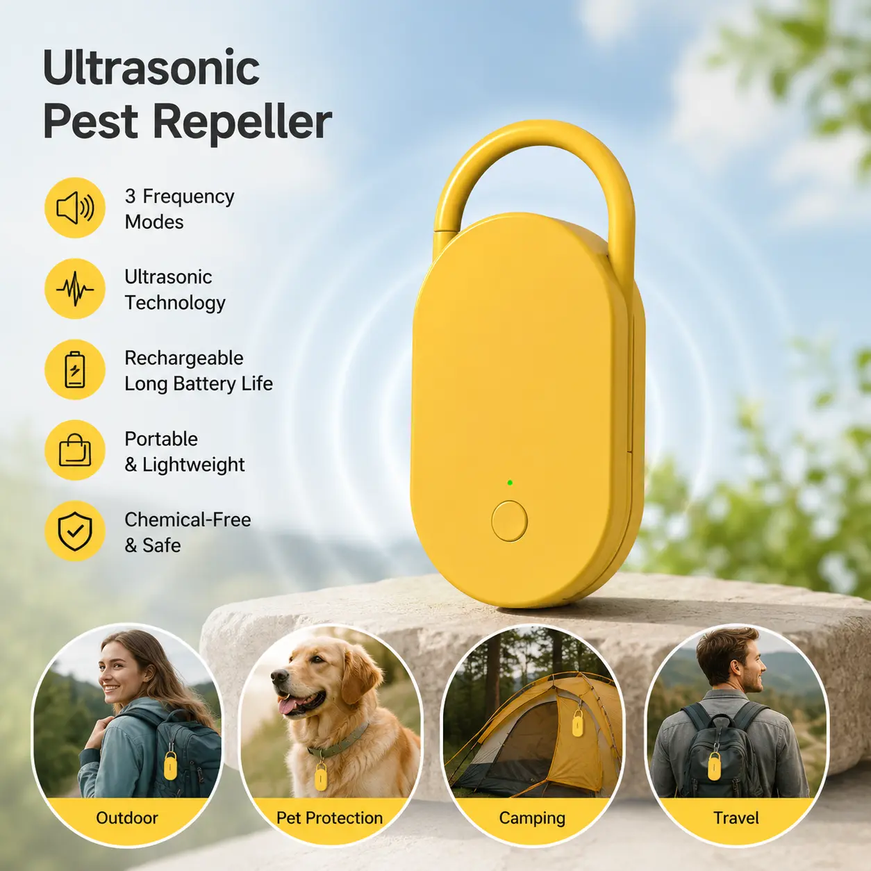 Compact Rechargeable Ultrasonic Repellent Device - 1 Unit, Portable 3-Mode Rotatable Hanging Repeller for Indoor/Outdoor Use, Home Supplies Party Bag Gift Item