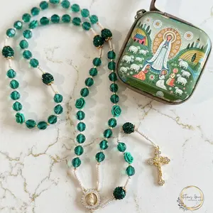 Handmade Emerald Green Crystal Rosary, Our Lady of Guadalupe Devotion, Rhinestone Crucifix - Marian Devotional Gift