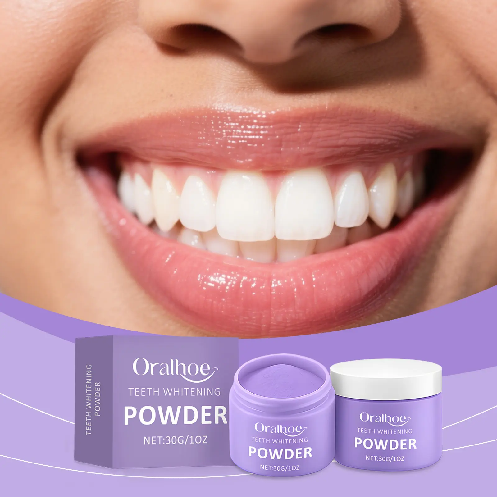 Oralhoe Whitening Tooth Powder with Sodium Bicarbonate, Gentle Cleansing Formula for Stain Removal and Fresh Breath, Toothbrush