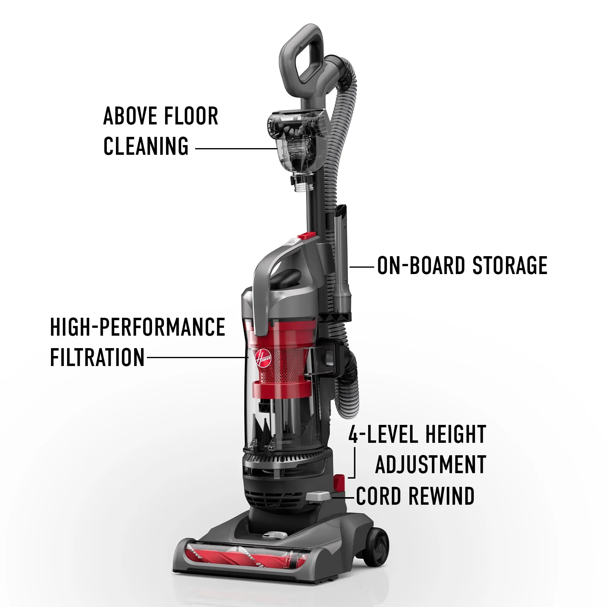 Hoover Rewind Pet Bagless Upright Vacuum Cleaner, Pet Friendly, Automatic Cord Rewind, Multi-Surface and Above Floor Cleaning, UH77410V, Gray & Red