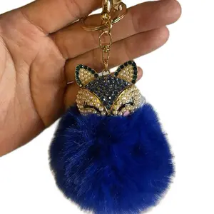 Blue Fox Puffies Crystal Keychain - Soft Fur, Sparkle Stones, Bag Pendant, Trendy Cute Fashion Accessory, Puffies Keychain