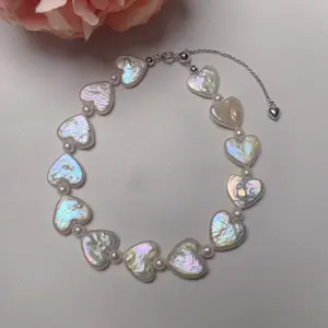Piswency Heart Baroque Pearl Bracelet - Genuine Freshwater Pearls, 925 Sterling Silver Unique Handmade Jewelry Gift for Her