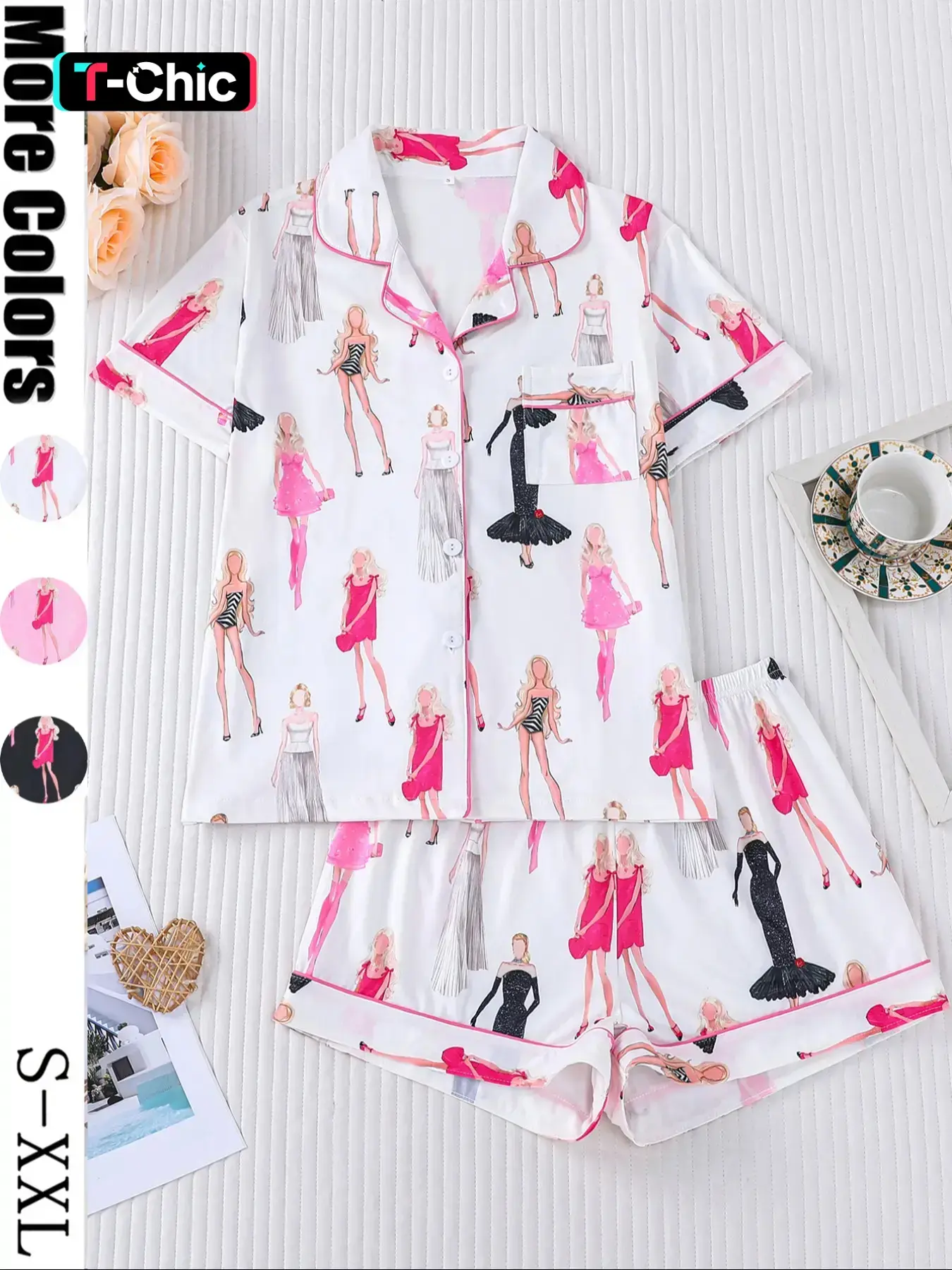 The Eras Tour Film Pajama Women's Sleepwear Set, Pajama Sets, Short Sleeve Button Front Soft Top Shirt & Elastic Shorts, Casual Home Wear, Loungewear, Homewear, Comfortable Daily, Everyday, Pjs