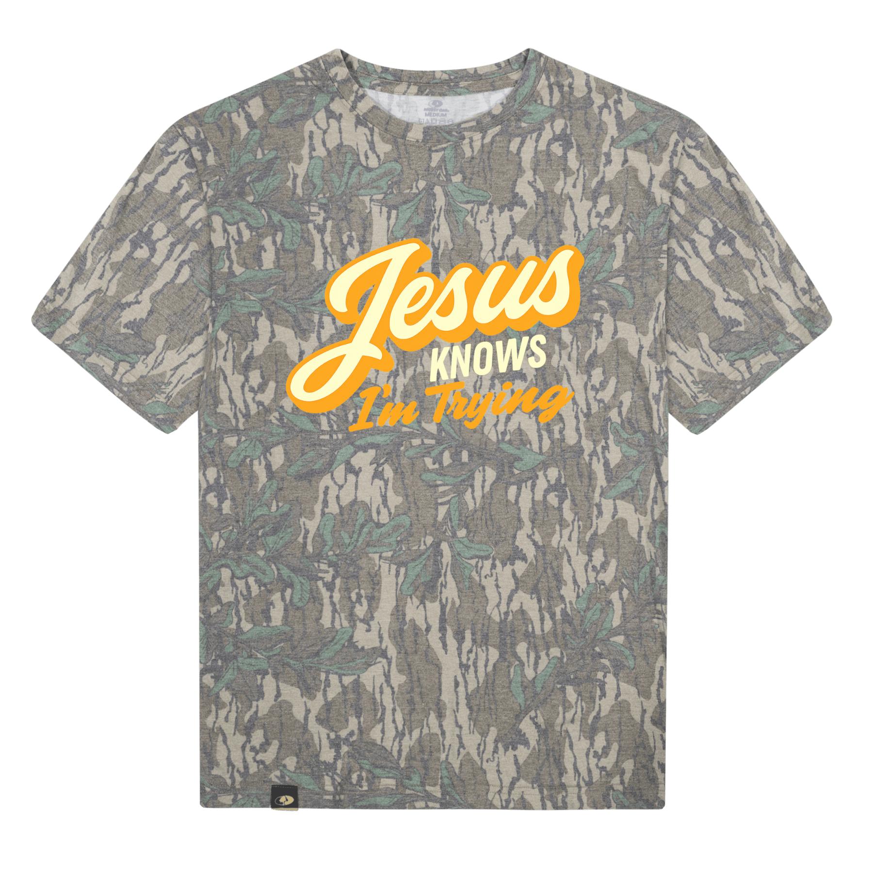 Jesus Knows I'm Trying Camo Christian T-Shirt | Faith Graphic Tee Religious Shirt for Men Women