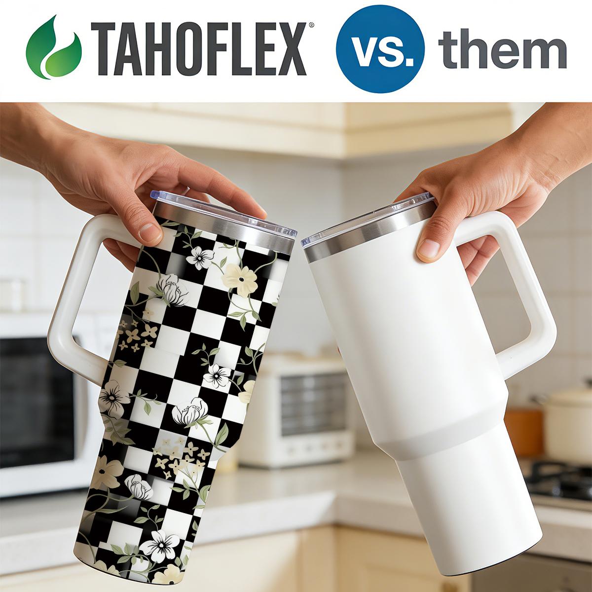 30 oz Sweet & Edgy Checkerboard Floral Insulated Tumbler, Y2K Aesthetic Black & White Checkered Travel Mug with Cream Flowers, Comfort Handle & Straw, Preppy Gift for Her, 48H Iced