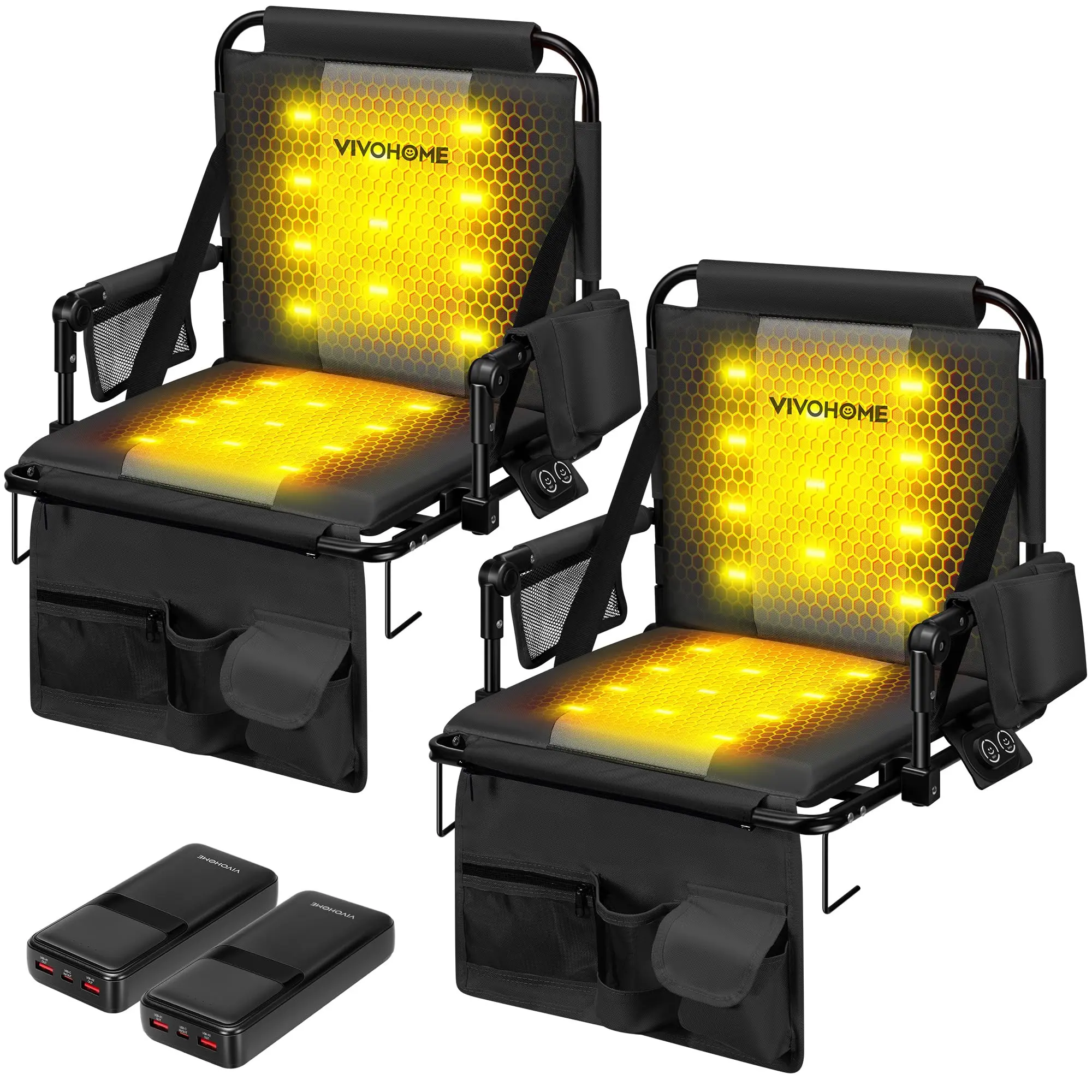 VIVOHOME 35W Padded Heating Stadium Seats, 2 Pack Heated Bleacher Chairs with Back Support, 3 Levels of Heat, Comfortable for Various Sports Events