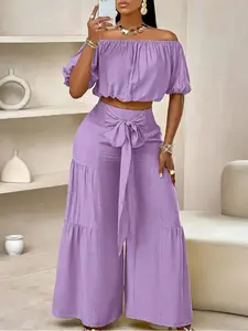 Two-piece Set Women's Solid Color Top & Wide Leg Pants Set, Womenswear, Fitted Casual Fashion Cozy Top & Trousers for Daily Outdoor Wear, Ladies Clothes for Summer
