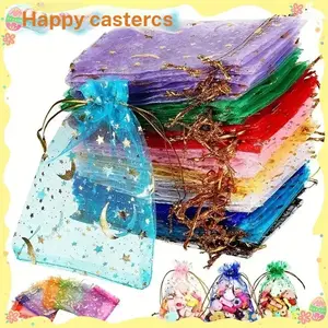 50pcs Mixed Color Moon & Star Organza Drawstring Bags, Transparent Jewelry Gift Pouches for Wedding Party Valentine Christmas Gifts, Gift Wrapping Supplies