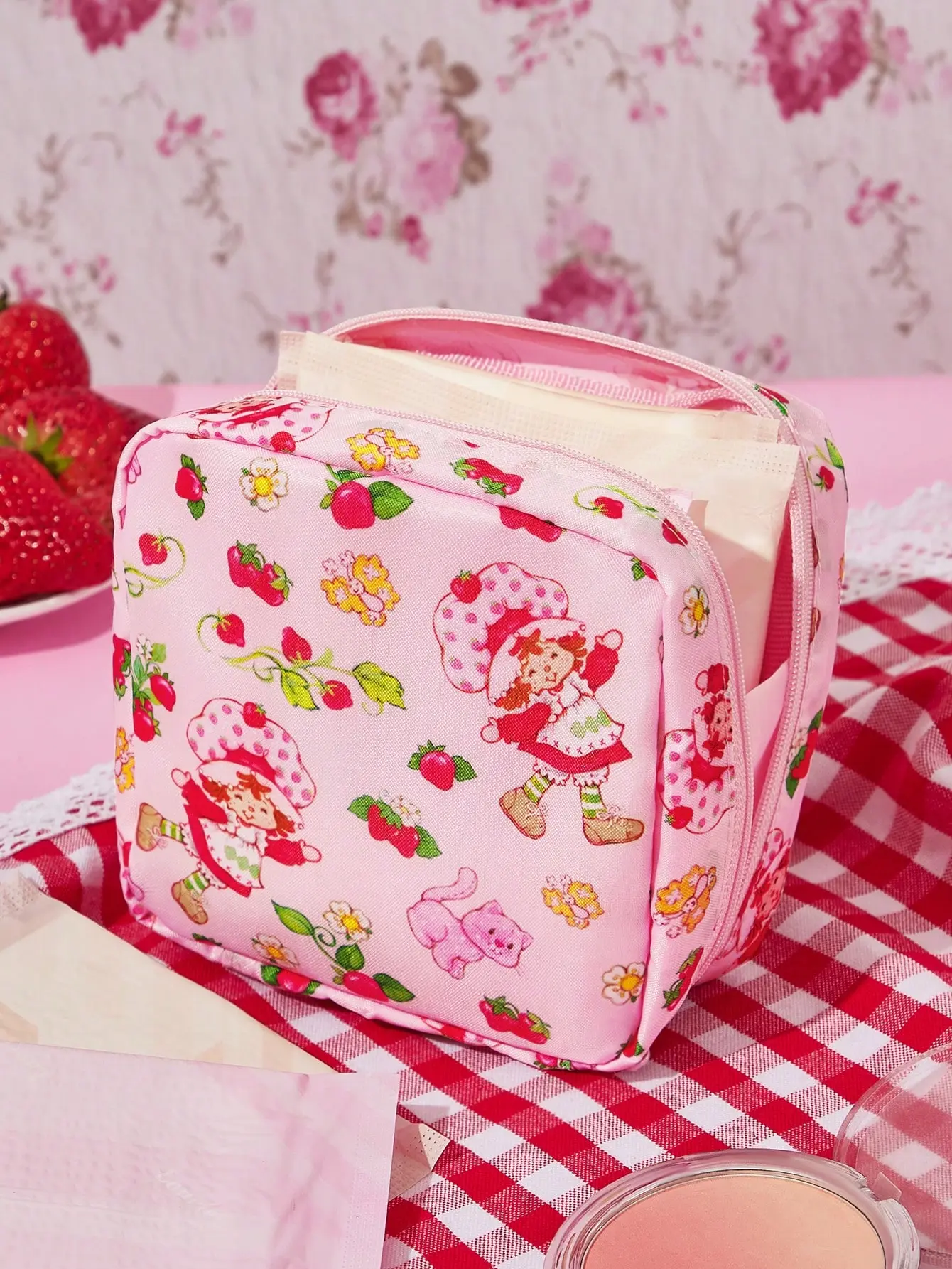 Strawberry Shortcake Synthetic Polyester Cartoon Compact Pouch (1pc) - Household Items, Playful Art Cat & Dog Designs, Home Organizer for Sanitary Napkins, Digital Accessories, Daily Clutter Control